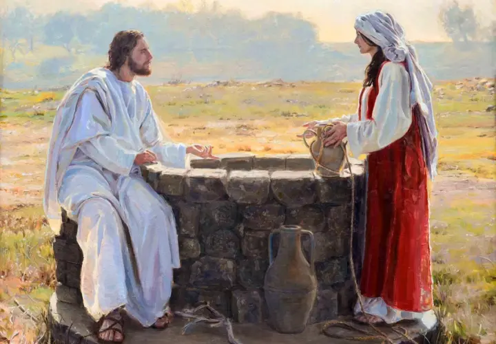 Jesus speaks to a woman at a well in this art. She holds a water jug, and he gestures as they converse.