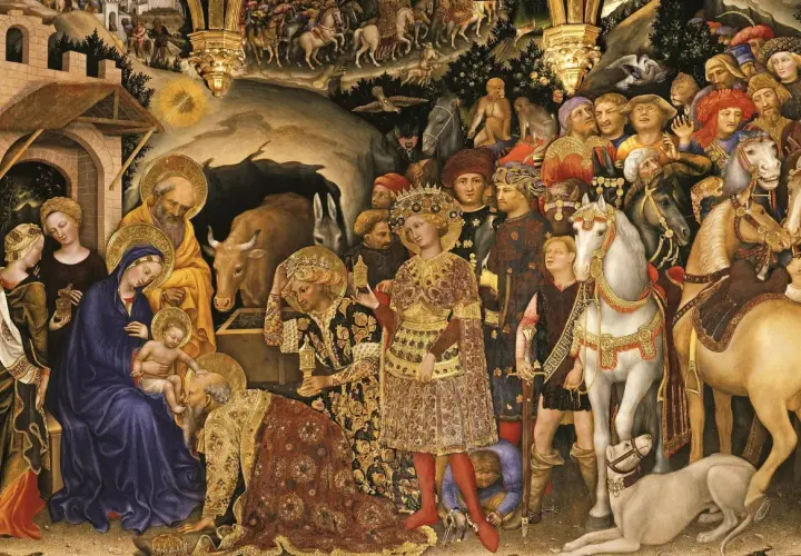 A famous medieval art piece depicting the Adoration of the Magi. Mary holds baby Jesus, with Joseph and onlookers present. Kings offer gifts, surrounded by horses and a dog.