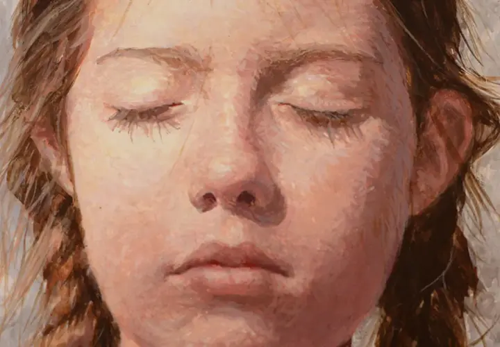 Close-up portrait of a young girl with closed eyes, rendered in delicate egg tempera paint, her braided hair framing her serene face.