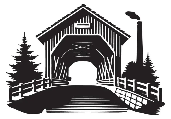 A stark black and white drawing of a covered bridge, with trees and a smokestack.