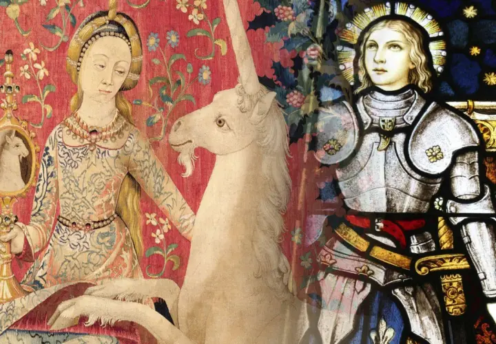 A tapestry depicts a woman with a unicorn in captivity, juxtaposed with a stained-glass image of a knight.