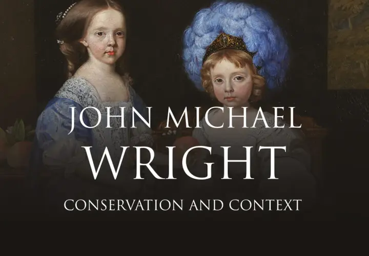 Two children in elaborate 17th-century attire are depicted in a painting titled "John Michael Wright: Conservation and Context.