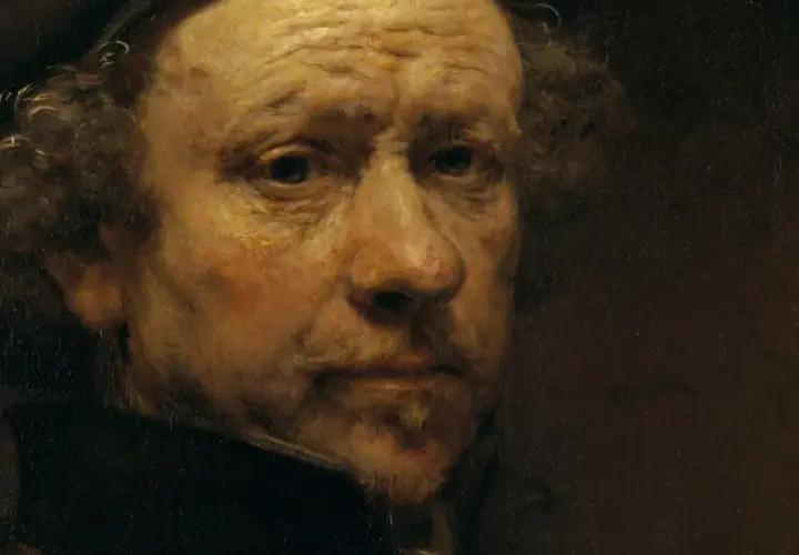 A close-up of a Rembrandt self-portrait, showing the artist's weathered face and intense gaze.