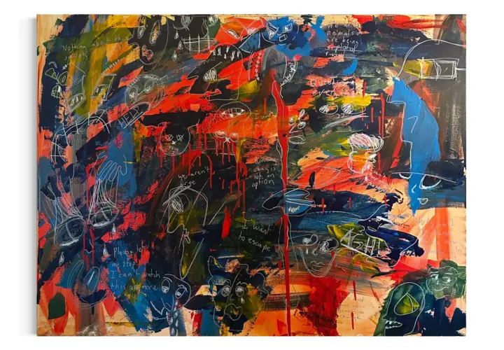 A chaotic canvas of modern expressionism art, featuring bold strokes of red, blue, and yellow, with scribbled figures and phrases like "HELP" and "I want to escape.