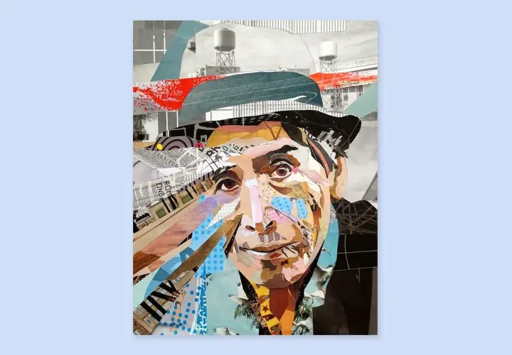 A collage of paintings forms a portrait of a man in a hat, with cityscapes and abstract shapes in the background.