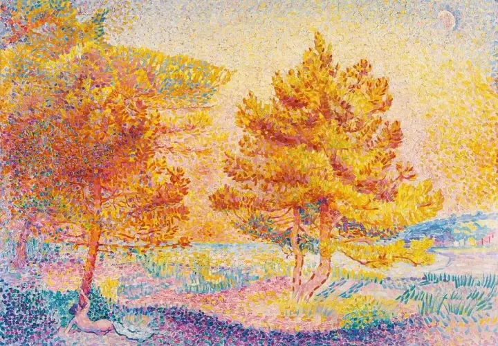 A sun-drenched landscape by pointillism artists, featuring golden trees and a figure resting beneath one, rendered in vibrant dots of color.