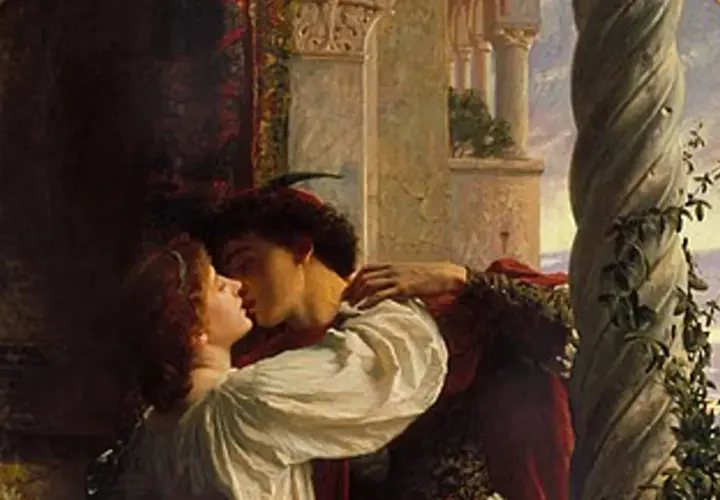 Romeo and Juliet share a passionate kiss on the balcony, bathed in the soft glow of sunset.