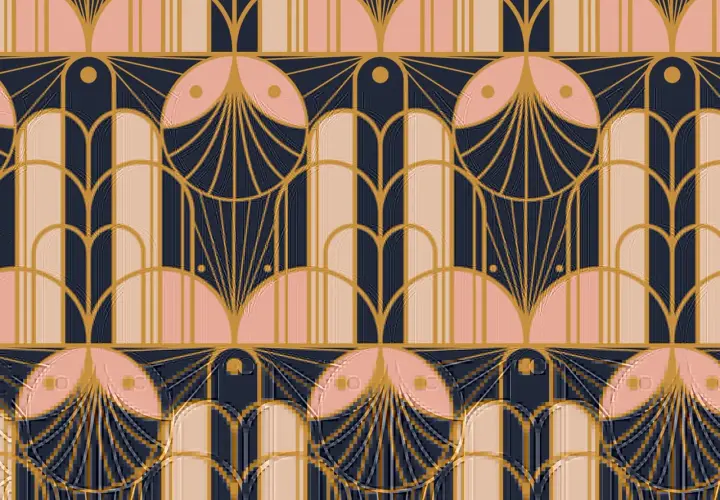A repeating pattern of stylized fan shapes and arches in gold, pink, and navy blue, embodying the geometric elegance of art deco design.