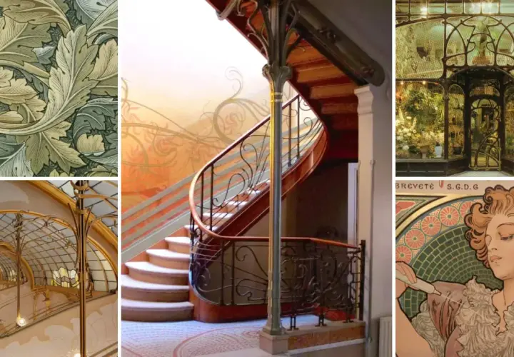 Collage of art nouveau style elements: floral wallpaper, a grand staircase with ornate metalwork, a glass conservatory, and a portrait of a woman.