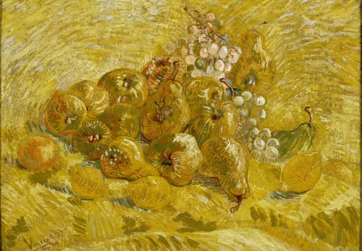 A still life of pears, apples, lemons, and grapes, rendered in vibrant yellow hues, showcasing the artist's mastery of famous yellow paintings.