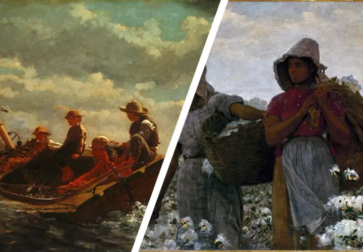 Two scenes of American realism art: boys in a boat under a cloudy sky, and a woman picking cotton.