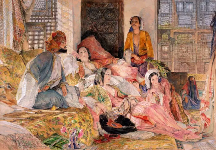 A history painting depicting a man in a turban and several women in opulent attire lounging on cushions, with a gazelle nearby.