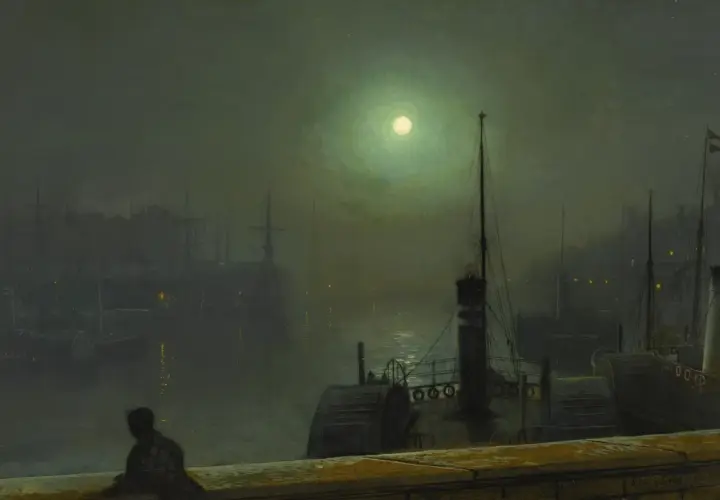 A solitary figure gazes at a moonlit harbor, a signature John Atkinson Grimshaw scene. Ships and gaslights shimmer on the water.