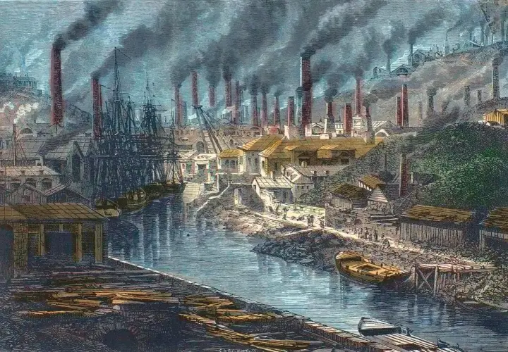 A dramatic industrial revolution painting depicts a bustling port with tall ships, factories, and smokestacks billowing dark clouds.