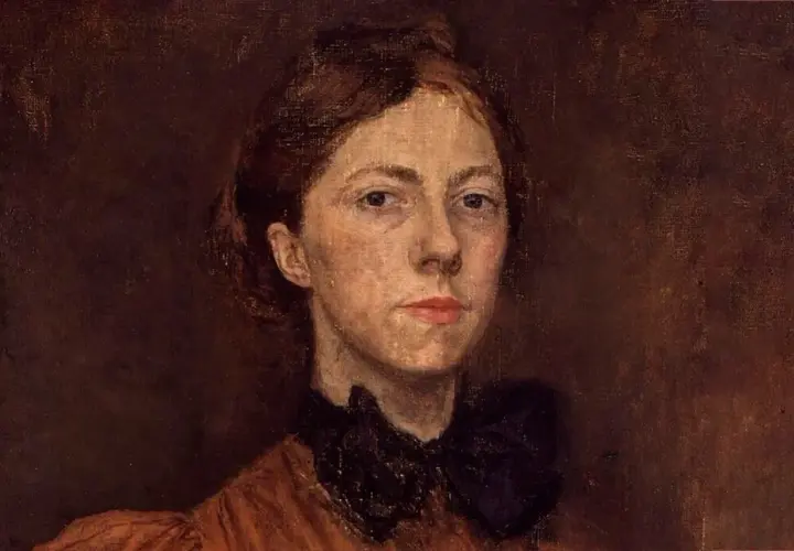 A portrait by Gwen John, featuring a woman with auburn hair pulled back, wearing a dark ruffled collar and an orange dress.