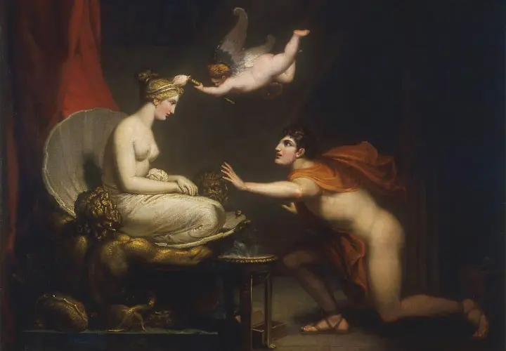 Pygmalion, captivated by his creation, reaches for Galatea as Cupid blesses their union.