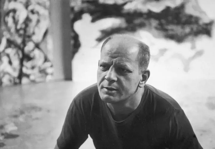 A close-up of Jackson Pollock's face, his brow furrowed in thought, as if contemplating his next drip painting.