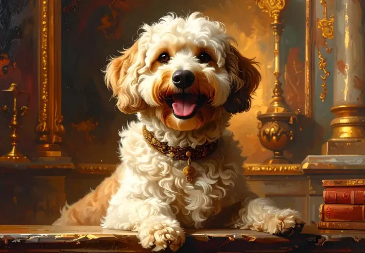 A fluffy dog with a jeweled collar, reminiscent of dogs in Renaissance paintings, sits regally amidst opulent gold decor.