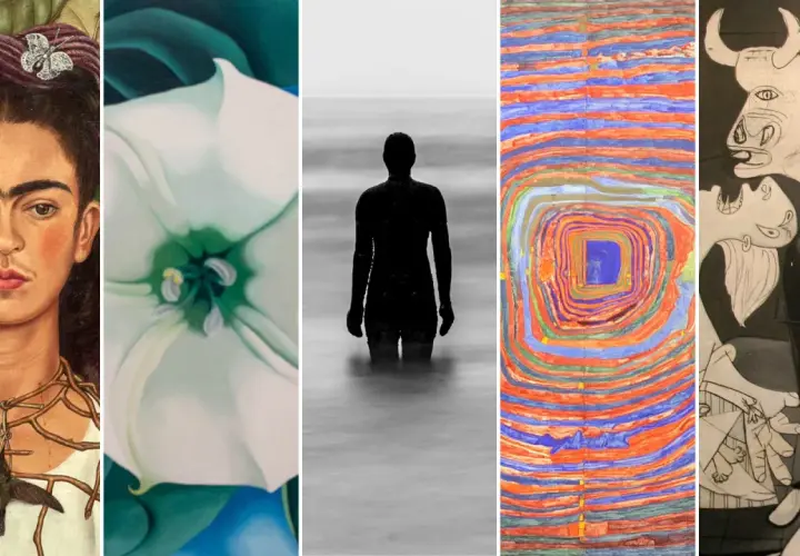 A collage of famous art: Frida Kahlo's portrait, a white flower, a silhouette in water, a colorful abstract, and Picasso's bull and horse.
