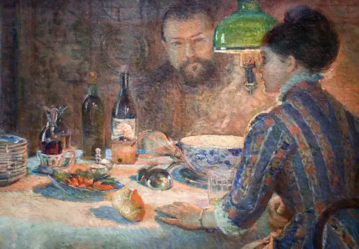 A woman in a striped dress sits at a table laden with food and drink, her gaze directed towards a man reflected in the background. This scene captures the essence of Marie Bracquemond's artistic vision.