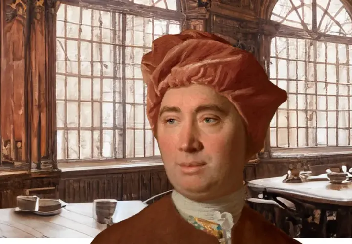 A David Hume portrait shows the philosopher in a red cap and brown coat, seated in a room with large windows and wooden tables.