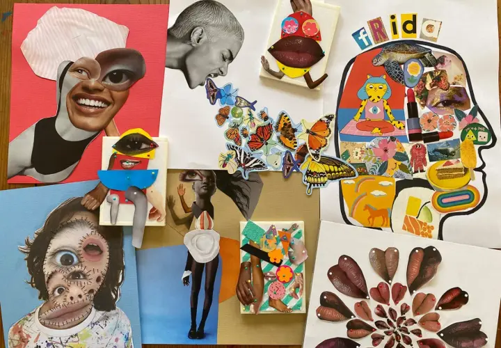 Surreal collage examples featuring fragmented faces, butterflies, and abstract elements.