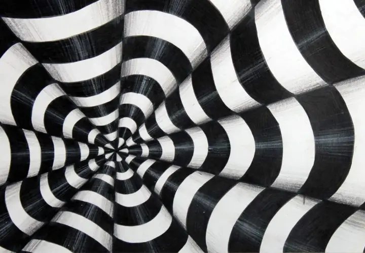 A black and white optical illusions art piece featuring a swirling vortex of curved stripes that create a sense of depth and movement.