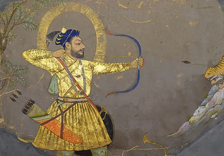 A Mughal miniature painting depicts a man in a golden robe aiming a bow and arrow at a tiger.