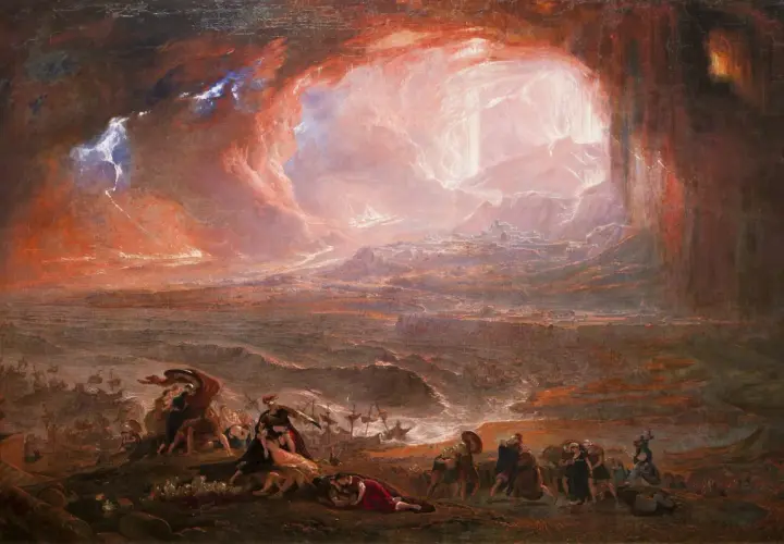 John Martin painter's dramatic vision of the Last Judgment, with a city engulfed in fiery clouds and a chaotic sea below.