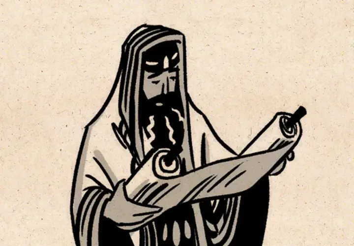 Old Testament biblical art: a bearded man in a hooded robe unrolls a scroll, perhaps a prophet or scribe.