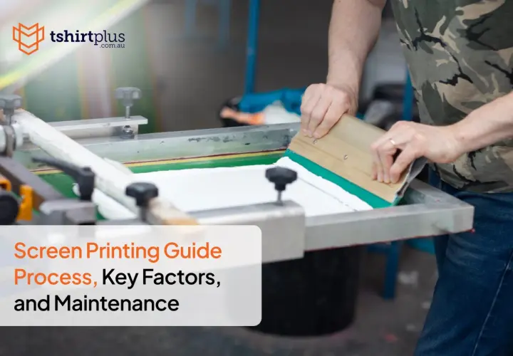 A person demonstrates how to screenprint, using a squeegee to apply ink on a screen. This image is part of a guide on the screen printing process.