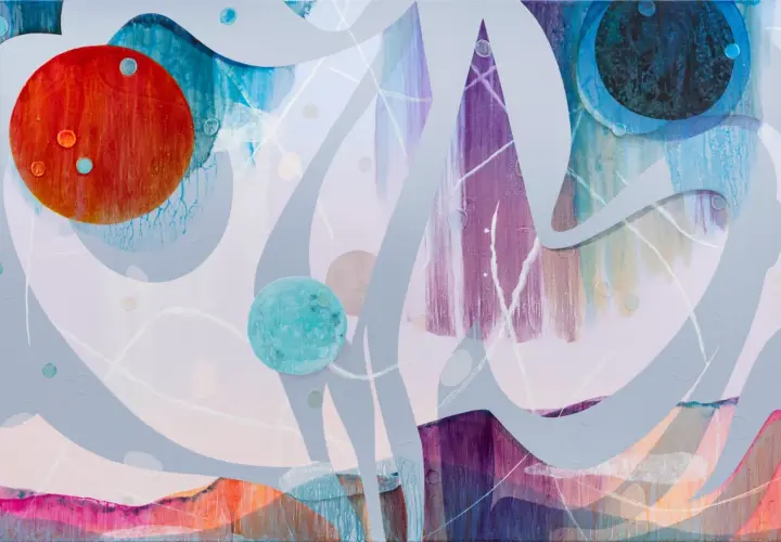 Abstract painting with a red circle, a turquoise circle, and purple and blue streaks, evoking a cosmic dance like Venus and Mars.