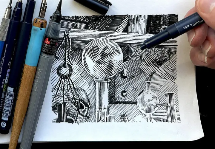 A hand uses a Tombow pen to add detail to a still life drawing, showcasing various pen and ink techniques like cross-hatching and parallel lines.
