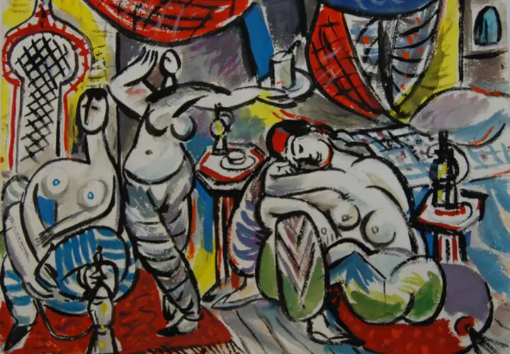 A vibrant, cubist-inspired scene depicting "Les femmes d'Alger" with figures in a richly decorated interior, possibly a harem.