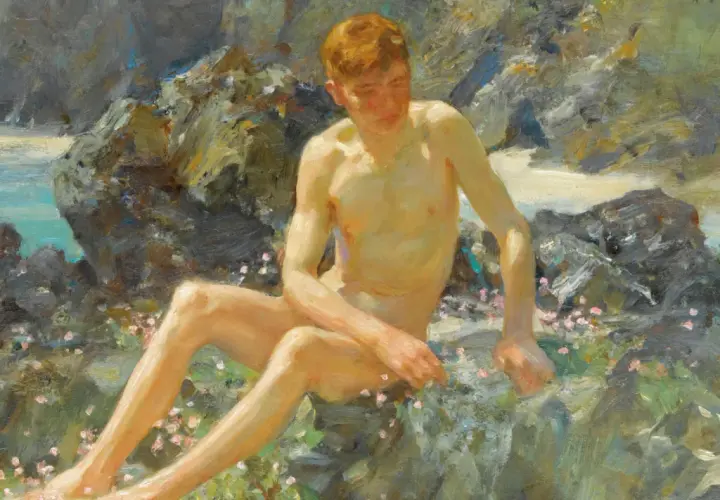 A young man with red hair sits on rocks by the sea, a characteristic subject in Henry Scott Tuke paintings, bathed in sunlight.