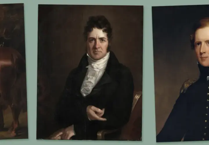 Three portraits in the style of Regency era paintings: a man with a horse, a man in a dark coat with a ruffled shirt, and a man in a dark military uniform.