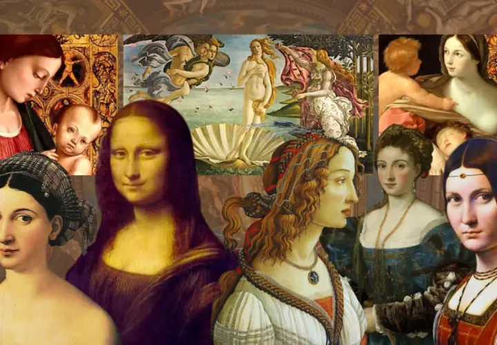 A collage of Renaissance paintings showcasing idealized women, reflecting renaissance beauty standards. Mona Lisa, Venus, and mothers with children are featured.