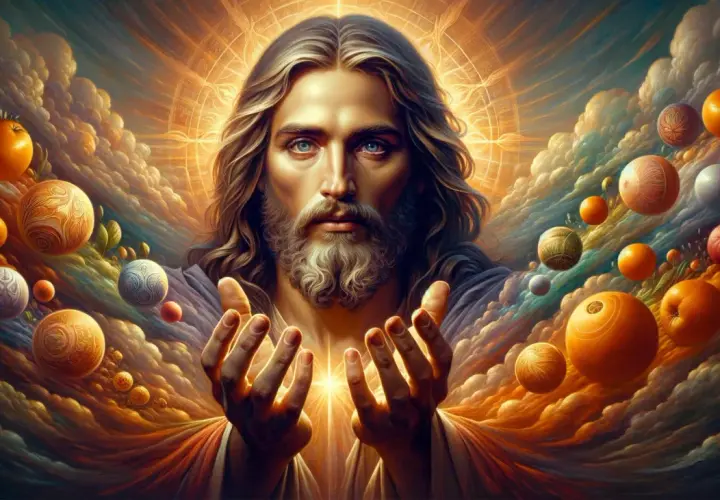 A radiant depiction of Jesus Christ, reminiscent of God the Father art, with outstretched hands amidst a celestial swirl of clouds and orbs.
