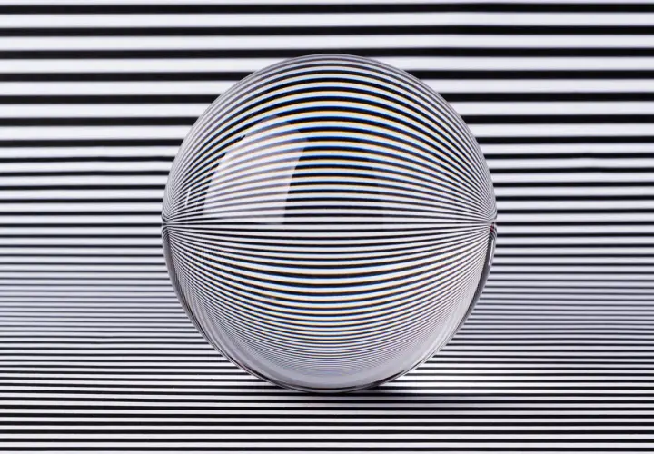 A glass sphere distorts black and white stripes, creating a mesmerizing optical illusion art piece.