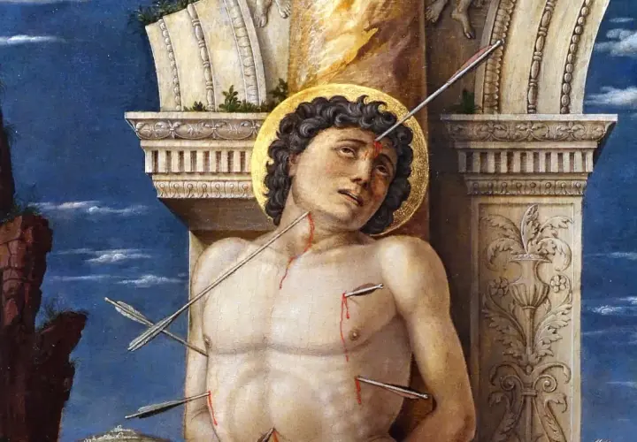 A saint sebastian painting depicts the martyr pierced by arrows, with a golden halo and bloodied wounds against a dramatic sky.