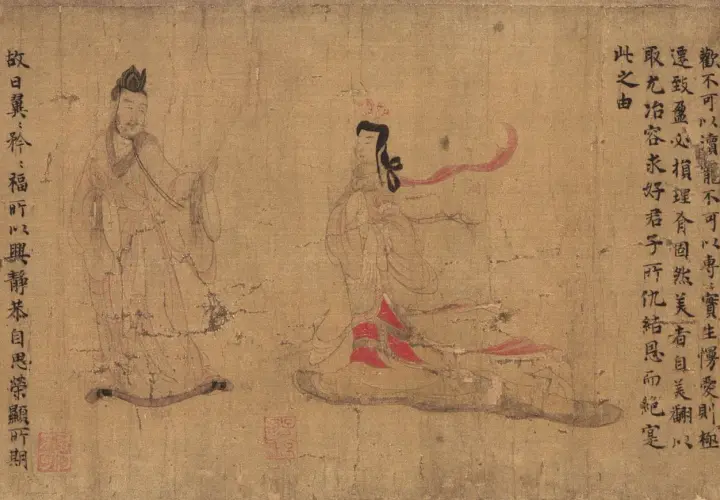 A classic example of Chinese art, featuring two figures in flowing robes, rendered with delicate brushstrokes on aged parchment.