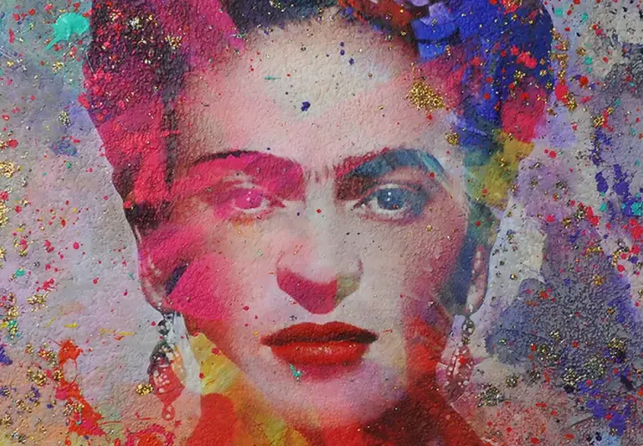 A vibrant, abstract portrait of Frida Kahlo, reminiscent of a Diego Rivera self-portrait, with bold colors and glitter.