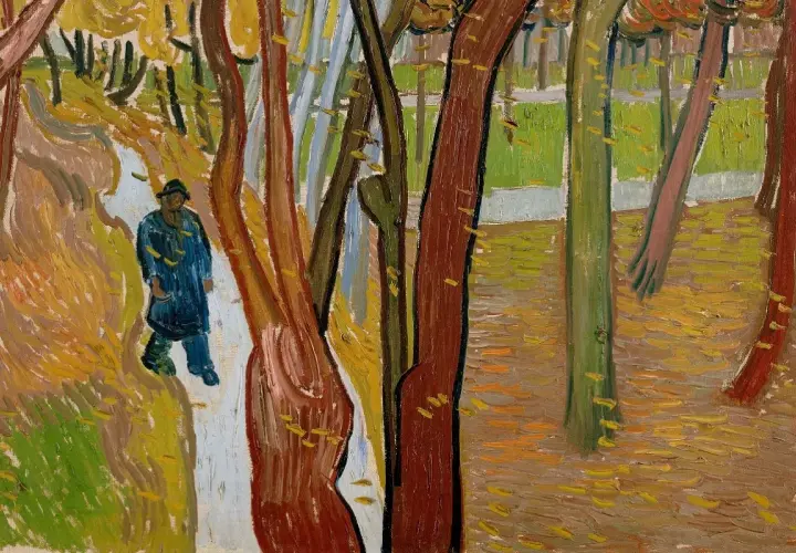 A solitary figure in a blue coat walks a path through a forest, a scene reminiscent of famous autumn paintings, with vibrant fall colors and scattered leaves.