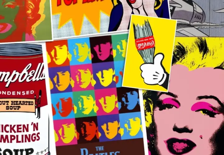 A collage of iconic pop art symbols: Marilyn Monroe, Campbell's soup can, The Beatles, and a Coca-Cola bottle.