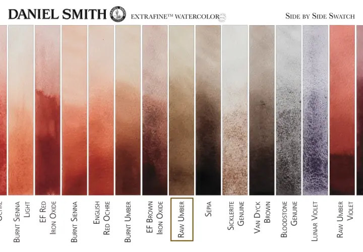 Swatches of Daniel Smith watercolors. The "Raw Umber" swatch shows a warm, earthy brown, a color that is umber.