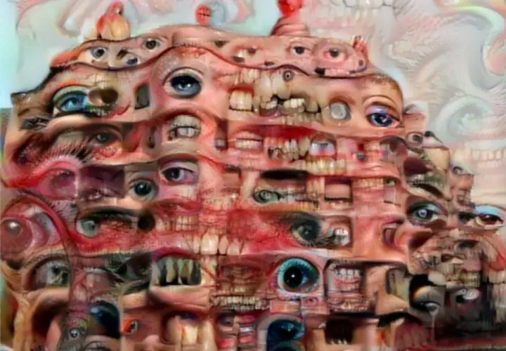 A surreal, nightmarish landscape of eyes and mouths, rendered in unsettling horror art styles.