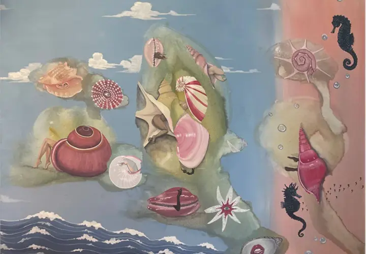 A surreal seascape with shells, seahorses, and human legs emerging from shells, reminiscent of female surrealist painters' dreamlike visions.