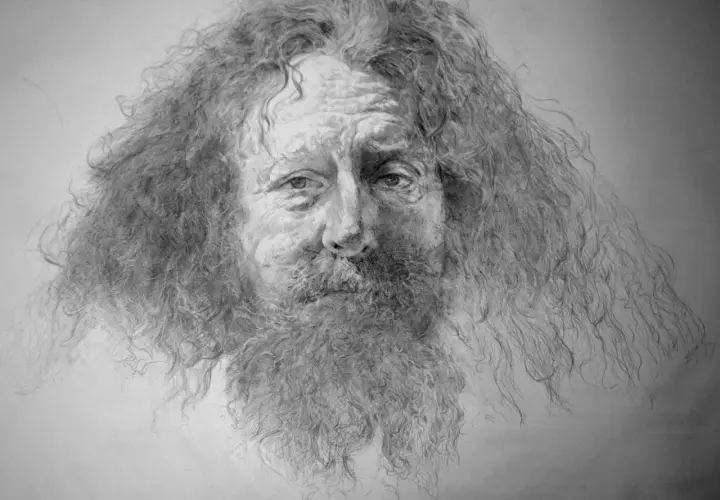 A detailed silver drawing captures the weathered face and wild, flowing hair of an old man, his eyes holding a story.