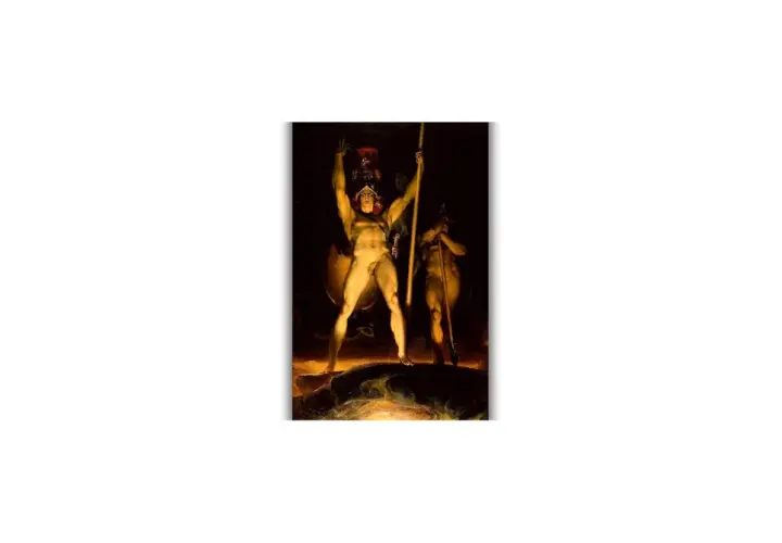A powerful figure, perhaps Satan summoning his legions, stands with arms raised, holding a spear. Another figure stands behind him.