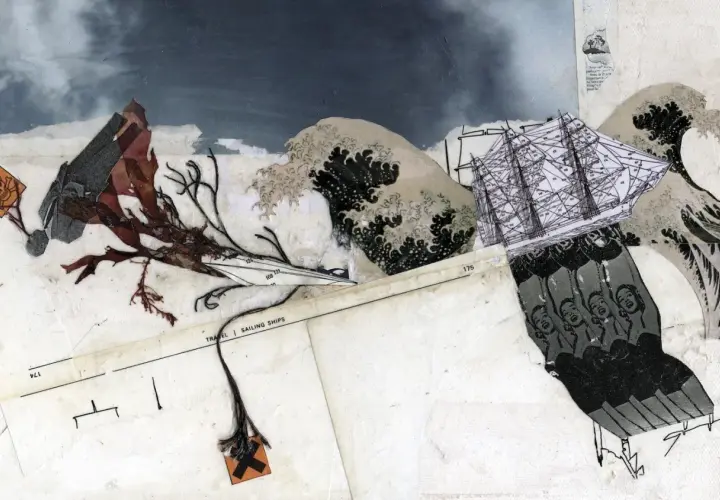An art collage depicting a stormy sea with a sailing ship, seaweed, and a skull and crossbones flag.